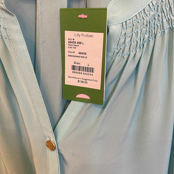 Lilly Pulitzer, silk, long sleeve blouse, aqua, large, new tags - Picture 3 of 5